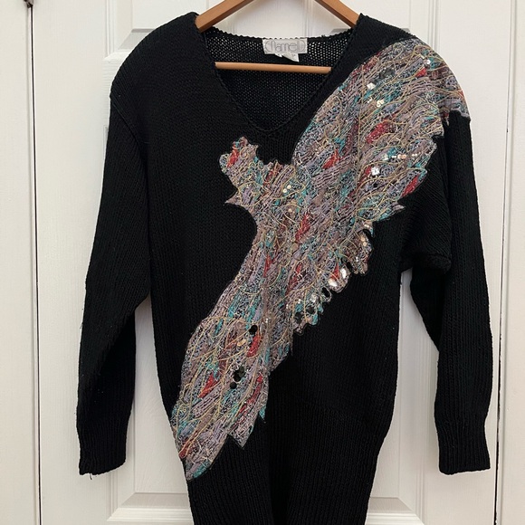 Nannell Sweaters - Vintage Nannell  Black V-Neck Sweater with Embellished Design Size S/M